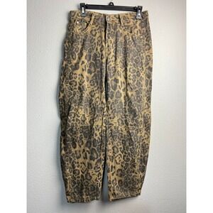 Jeans Leopard Print Tapered Barrel Wide Leg Denim Pants Brown Black Size 31x25.5